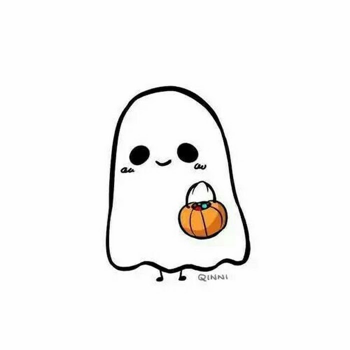 Halloween dessin automne, coloriage automne adorable, image automnale phantome qui va a prendre des bonbons pour Halloween