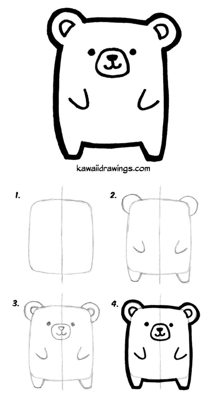 exemple dessin facile a faire pour debutant, ourson mignon à dessiner à partir un rectangle et de simples traits de visage