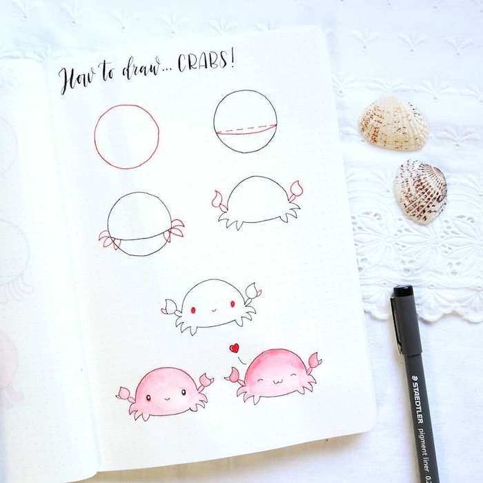 dessin kawaii facile a faire, comment dessiner un crabe a aprtir d un simple cercle coloré en rouge, dessin bullet journal