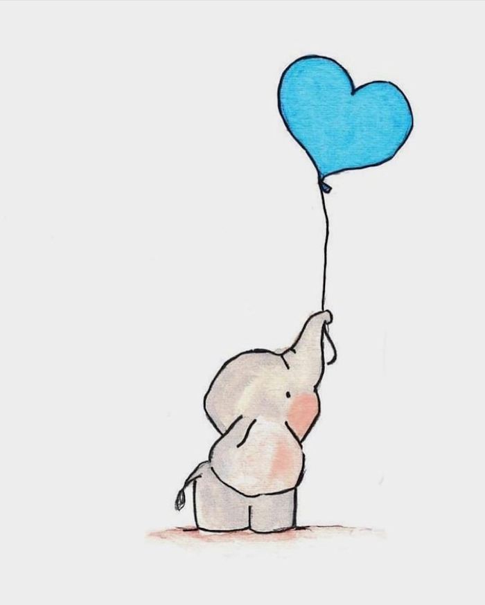 dessin facile à dessiner d un elephant dumbo avec ballon en forme de coeur bleu, animal gris