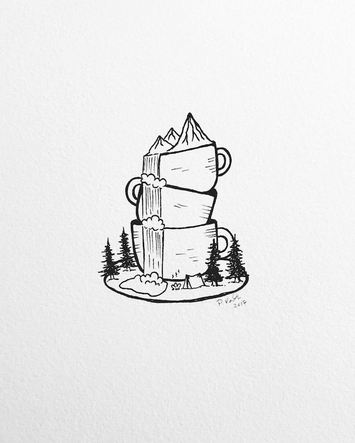 Trois tasses à café l'une sur l'autre, abstrait dessin automnal, nature dans une tasse automne dessin, chouette idée de dessin d'automne