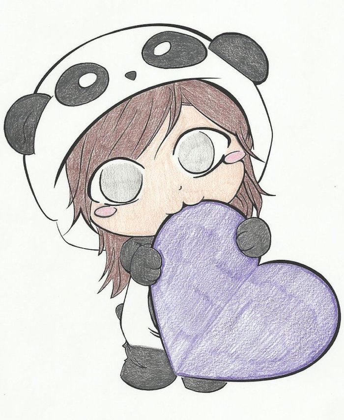 idee de dessin kawaii fille facile, fille tete et des yeux enorme, dessin manga, costume de panda et coeur coloré en violet