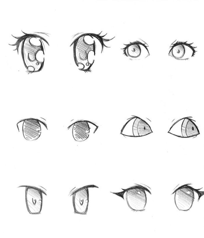comment dessiner des yeux, des yeux manga noir et blanc de forme de taille variée dessinés au crayon