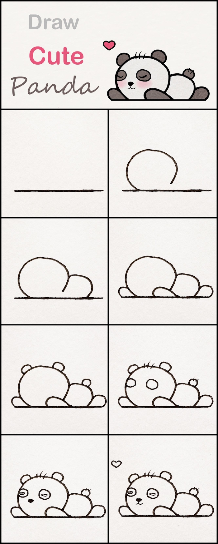 comemnt dessiner une panda kawaii, exemple de dessin mignon a faire soi meme etape par etape