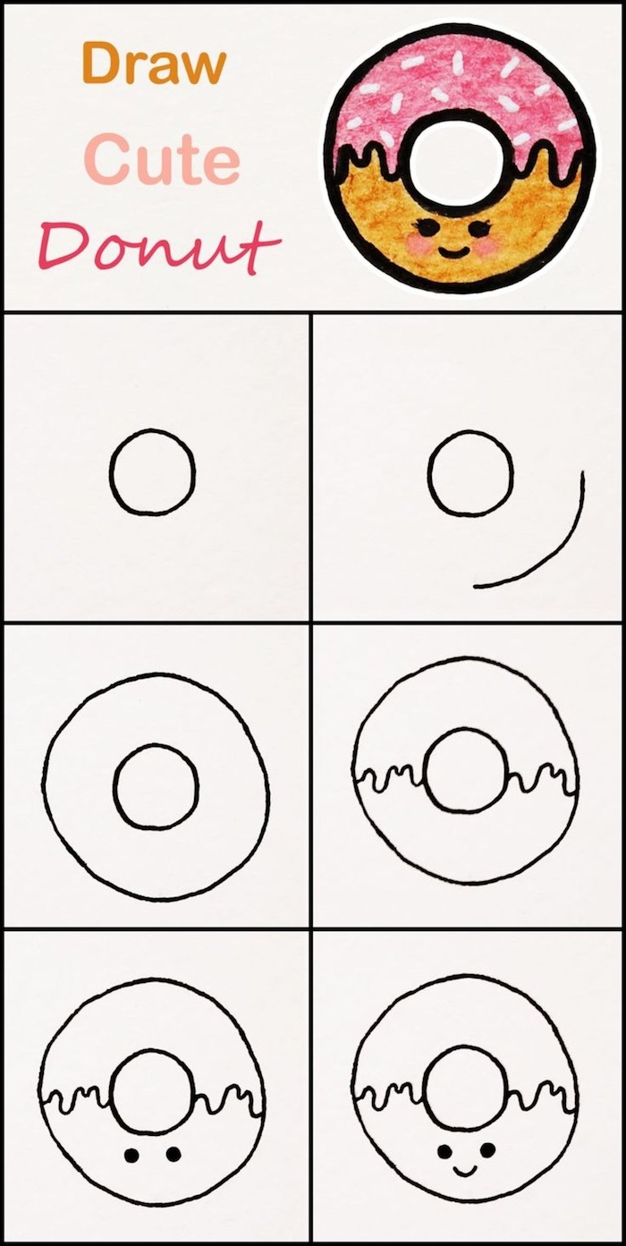 dessiner un donut par etape, dessin facile à dessiner par etape à partir d un cercle aux points pour les yeux et trait