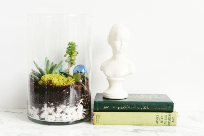 objets de décoration à réaliser soi-même, mini jardin dans bocal verre rempli de cailloux et petites plantes vertes