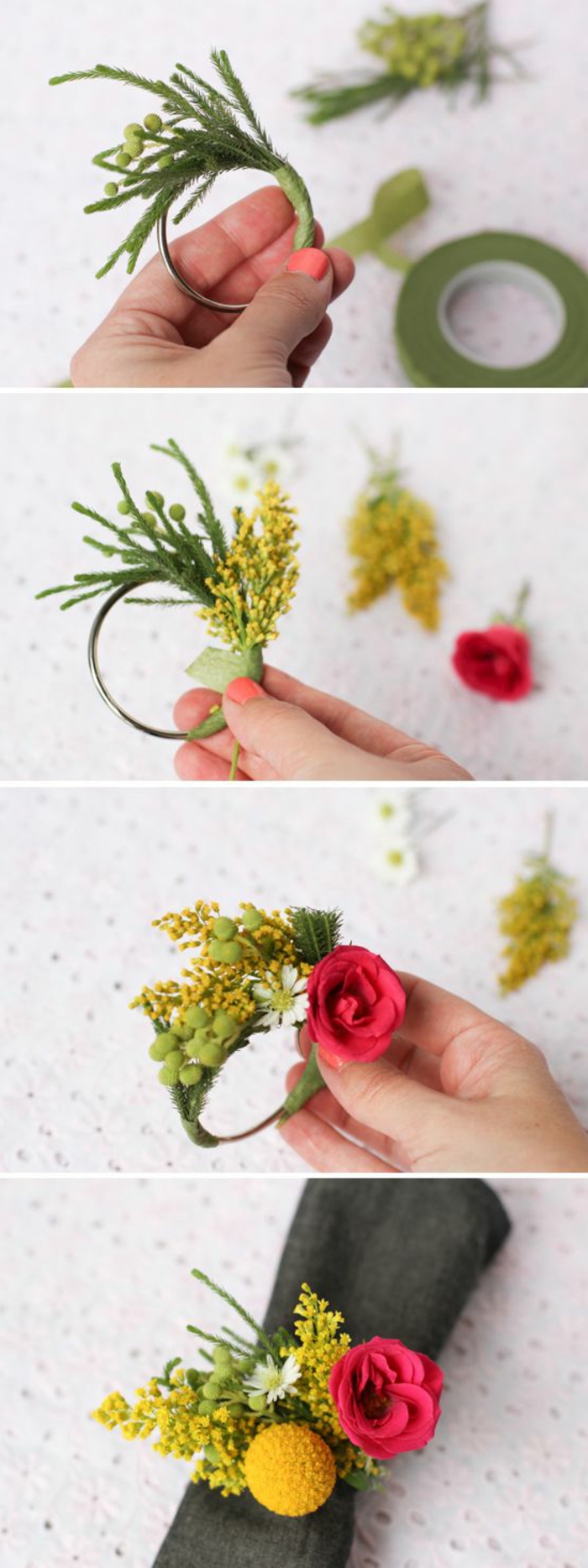 activité créative, comment décorer une table mariage, idée technique pliage de serviette avec rond DIY floral