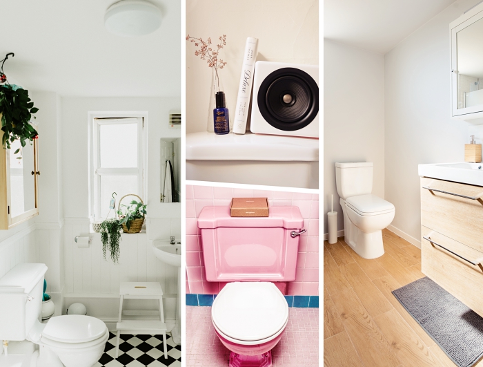 idée faience wc de couleur rose, comment décorer ses wc de style minimaliste avec objets en bois et plantes vertes