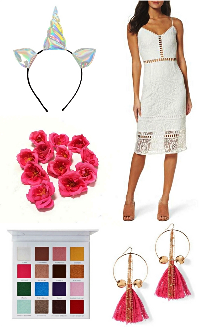 tout le nécessaire pour se faire un déguisement licorne glamour, look licorne en robe blanche complété par un serre-tête licorne holographique et des boucles d'oreilles pompons rose