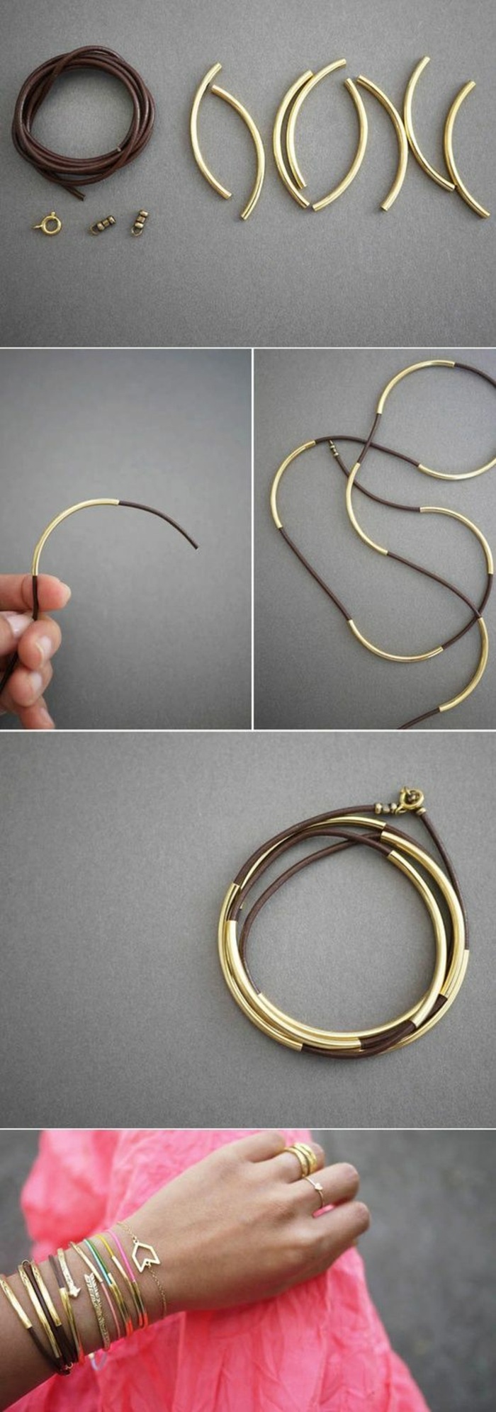 activité manuelle printemps, faire ses bijoux soi-même, tutoriel création bracelet bimatière, modèle de bracelet doré diy