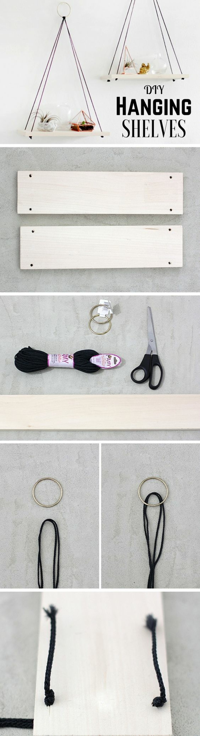 comment faire une étagère facile, bricolage decoration facile, diy étagère avec planches de bois et corde noire