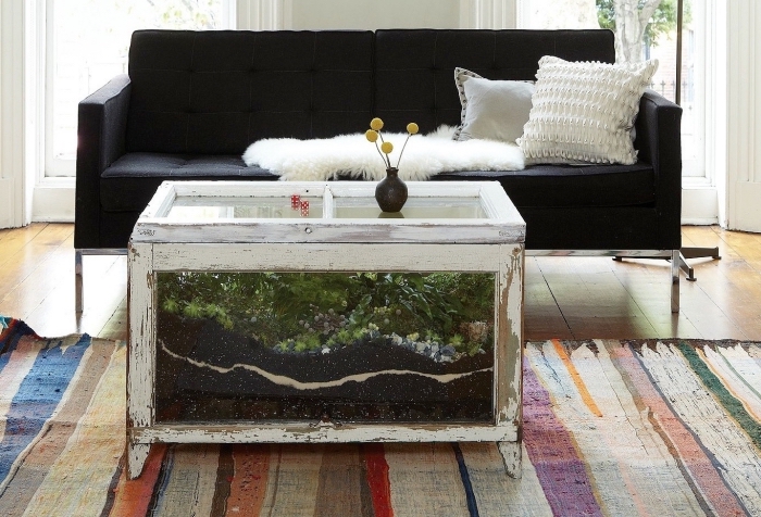 comment décorer son salon de style rustique avec une table café diy, modèle de terrarium plante en grosse taille