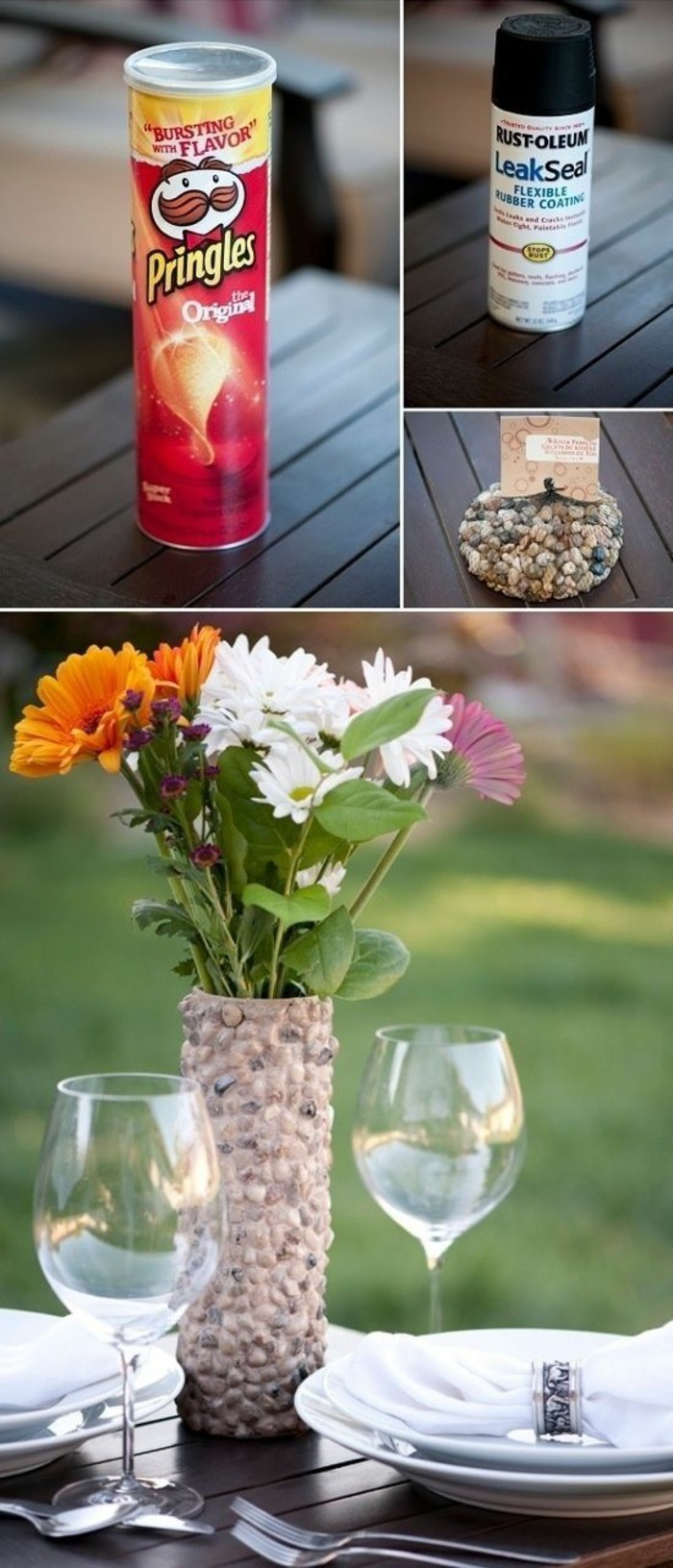 bricolage automne facile, modèle de vase DIY fabriqué avec boîte en carton, idée comment faire un vase avec carton et cailloux
