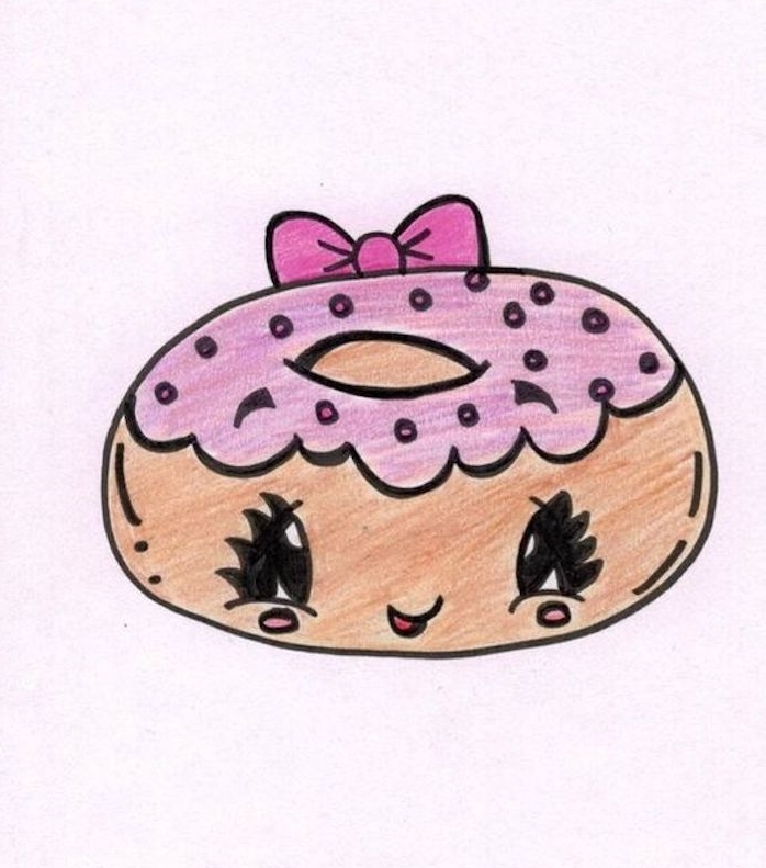 dessiner un donut aux yeux noirs avec glaçage rose et noeud de papillon rose sur fond blanc de rose