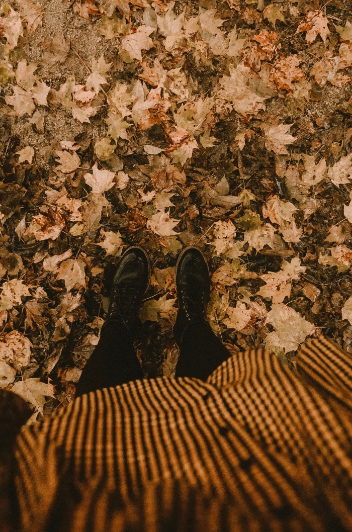 écran-verrouillage-portable-paysage-d-automne-pour-halloween-nature-promenade-forêt-feuilles-séchées-fille-déguisement-sourcière idée image halloween pour wallpaper portable, déguisement femme pour halloween avec robe rayures et bottines noires