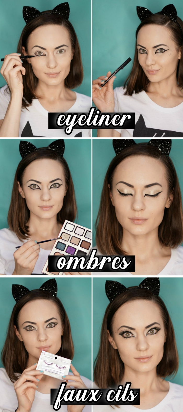 pas à pas maquillage Halloween facile, comment faire un maquillage de chat, étapes à suivre pour réaliser un makeup chat