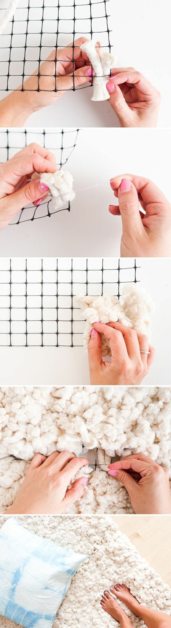 tutoriel fabrication tapis moelleux, technique création tapis avec laine et tapis antidérapant, idée activité manuelle hiver