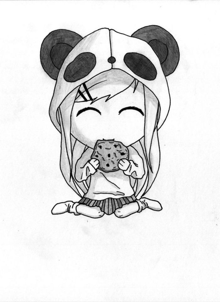 comment dessiner une filel dans style kawaii japonais chapeau de panda, fille souriante qui mange un cookie