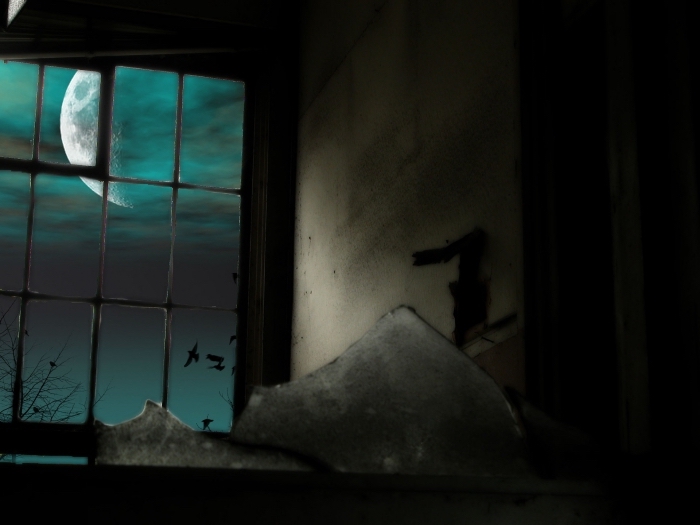fond-d’écran-horreur-illustration-art-digital-pleine-lune-ciel-nocturne-nuages-maison-hantée-vol-oiseaux-fenêtre-paysage-effrayant wallpaper ordinateur avec photo halloween terrifiante, fond écran halloween avec paysage nocturne et pleine lune