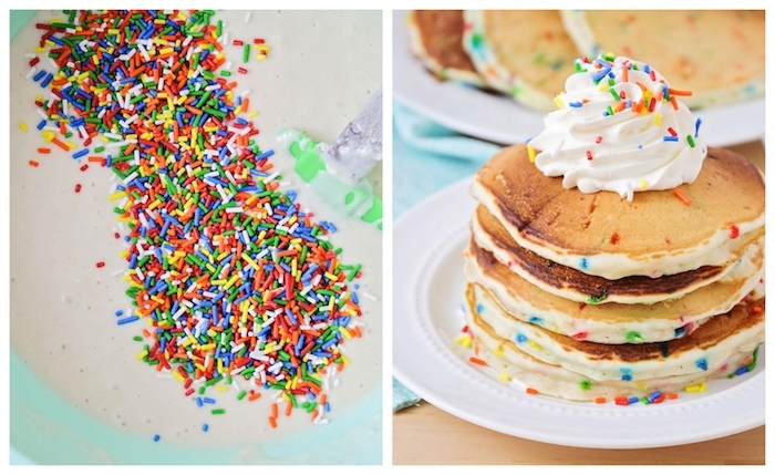 petit dejeuner d anniversaire ou gouter d anniversaire, pancakes aux vermicelles de sucre avec topping creme fraiches et confettis colorés