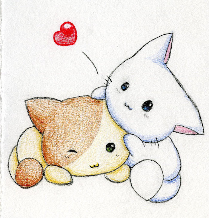 dessin trop mignon de deux chats, idee de dessin kawaii animaux, chat blanc et chat marron et jaune en train de jouer, petit coeur rouge