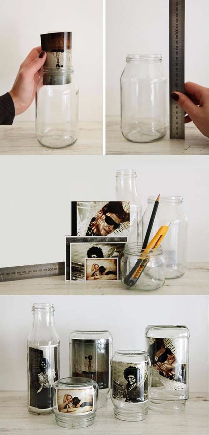 que faire avec des photos, idée cadeau bricolage, exemple recyclage bouteille en verre avec photo, diy photo dans verre