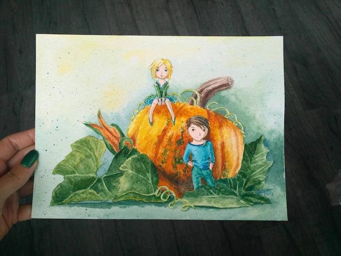 Fille et garçon sur citrouille, coloriage citrouille et deux caractères adorables, dessiner l automne avec ses couleurs