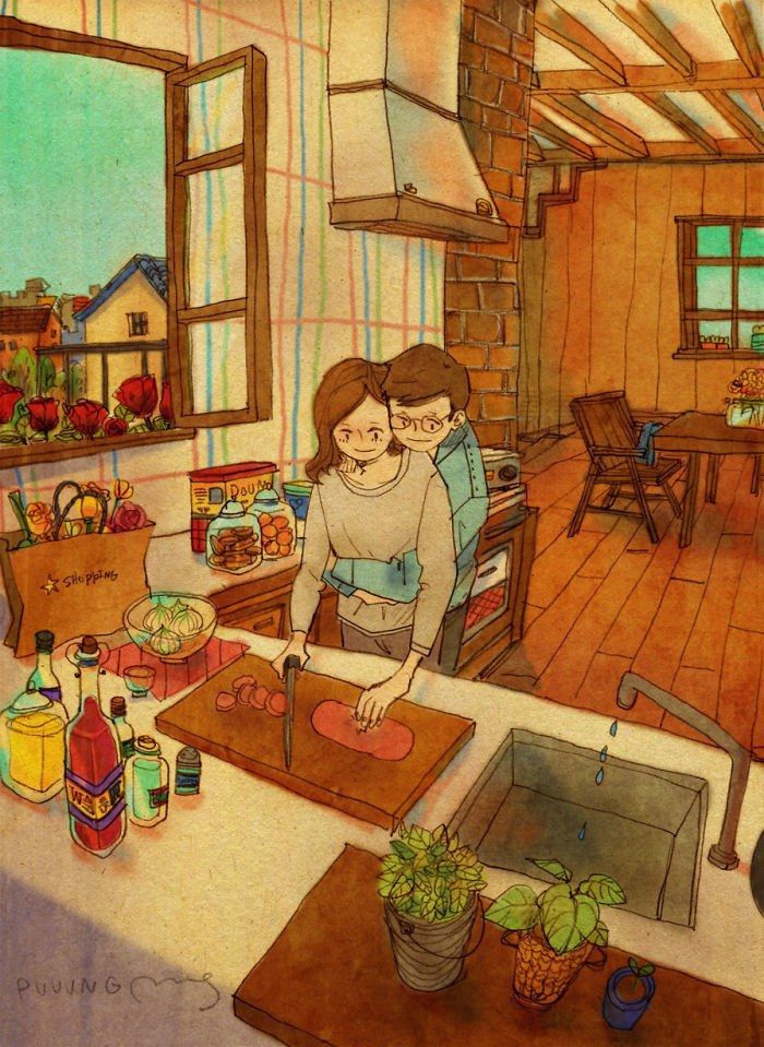 Couple habillé pour l'automne dans sa cuisine, préparer le déjeuner ensemble dessin couple mignon, belle image intérieur d'un appartement