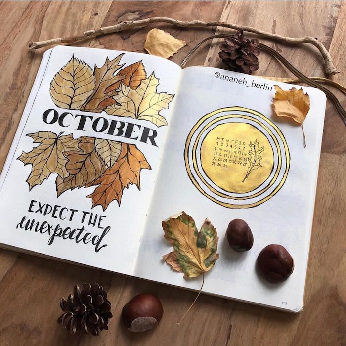 Octobre dessin bullet journal, photo de dessin automne, comment dessiner une citrouille, feuilles dorées cool idée dessin
