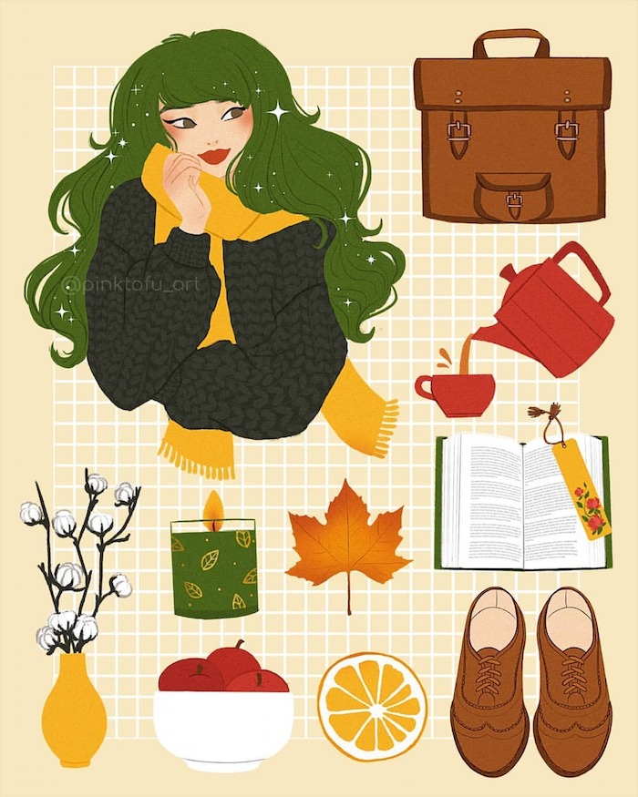 Fille et tout ce dont elle a besoin de pendant les mois d'automne, idée chaussures automne modernes dessin, thé et théière, livre et bougie aromatique 