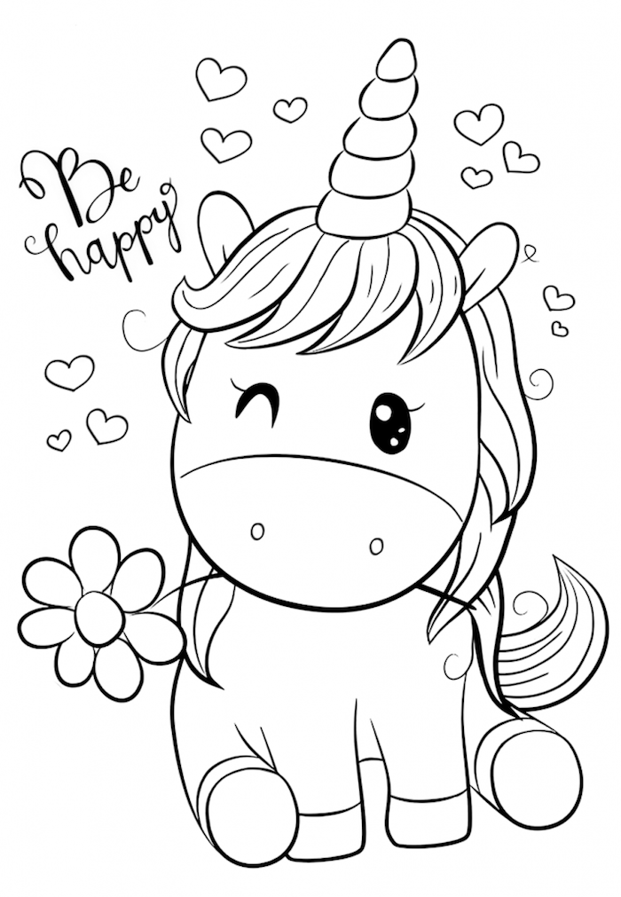dessin kawaii licorne en noir et blanc, idee coloriage enfant original, creature frantastique bebe licorne coeurs et fleurs dans la bouhe
