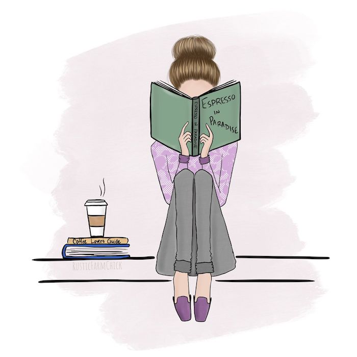 Livre espresso en paradis, dessin fille lisant un livre habillée bien pour l'automne, cool dessins à faire soi même