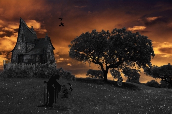 maison-hantée-chauves-souris-épouvantail-sourcière-chapeau-pointu-arbres-noirs-fond-d-écran-horreur-lumières-soleil-nuages art digital image halloween terrifiante avec paysage coucher de soleil et maison abandonnée, photo halloween pour wallpaper pc