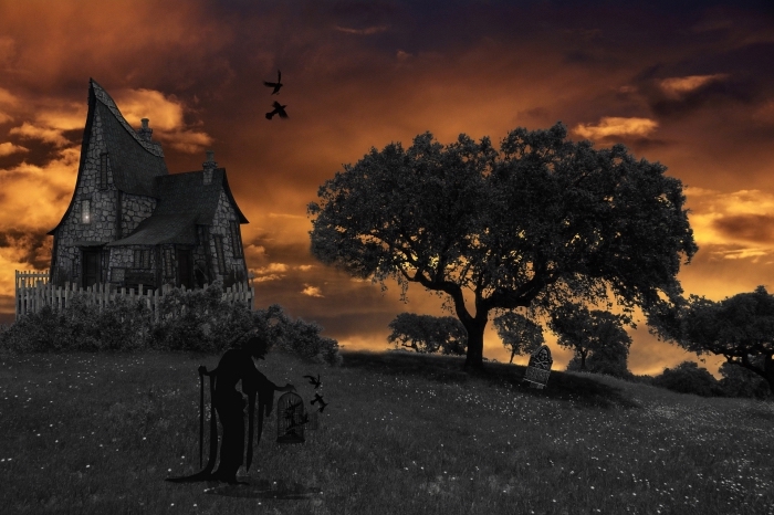 art digital image halloween terrifiante avec paysage coucher de soleil et maison abandonnée, photo halloween pour wallpaper pc
