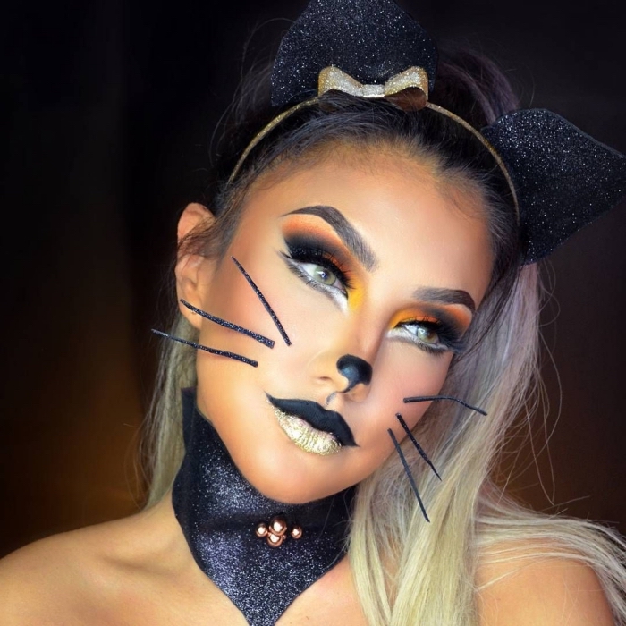 comment se maquiller comme chat pour Halloween, idée maquillage carnaval avec faux cils et rouge à lèvre doré