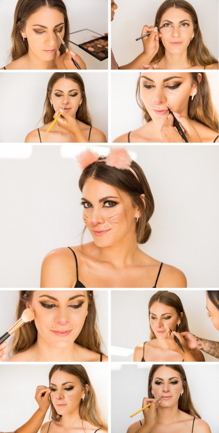 pas à pas maquillage facile pour halloween, idée comment se déguiser femme, tutoriel maquillage carnaval femme chat