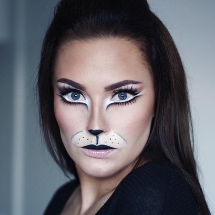 astuces maquillage halloween facile à réaliser soi-même, exemple de makeup avec fards à paupières et nez façon chat