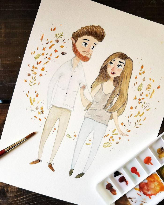 Couple amoureux entre feuilles d'automne, dessin femme et homme, suivre un pochoir pour apprendre