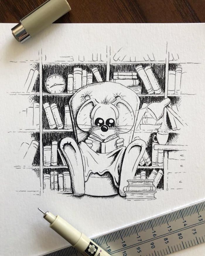 Dessin d'automne, coloriage souris qui lit un livre et animaux dessin automne, adorable image à recopier 