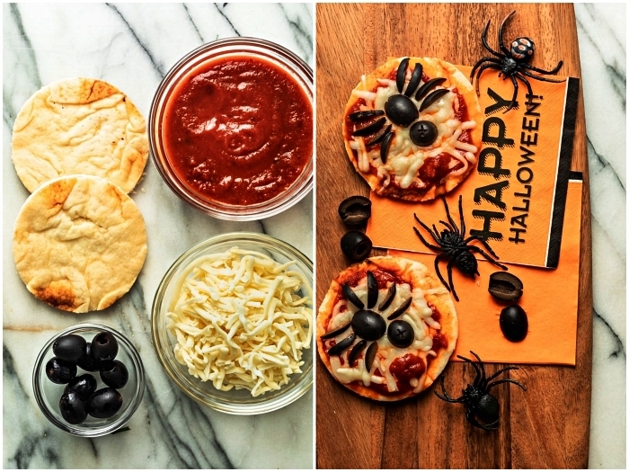 pizza halloween au fromage et à la tomate, mini-pizzas araignée pour l'apéro halloween