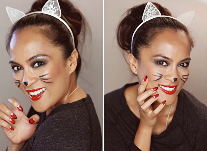 idée maquillage halloween simple, makeup avec eyeliner en forme moustaches de chat et rouge à lèvre rouge