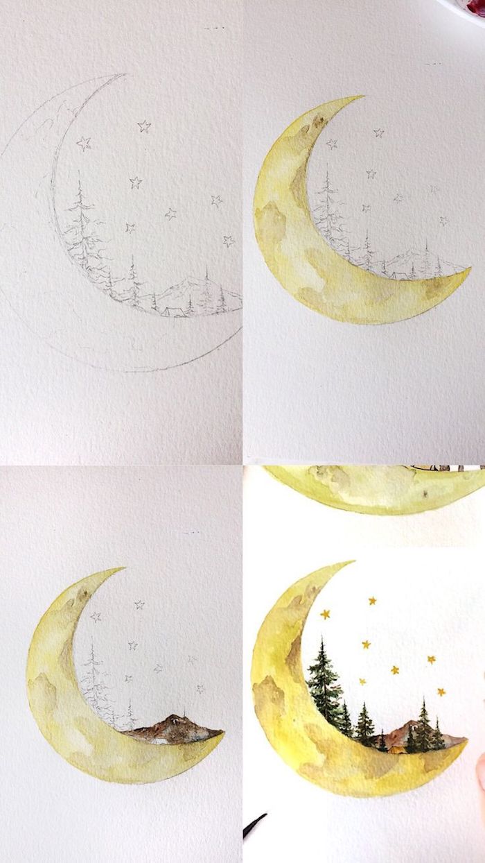 La lune et un paysage terrestre automnal, abstrait automne dessin, coloriage feuille, peindre son dessin