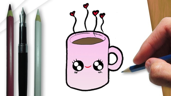tasse de café aux yeux kawaii et des coeurs qui s evaporent idee de dessin trop facile a reproduire