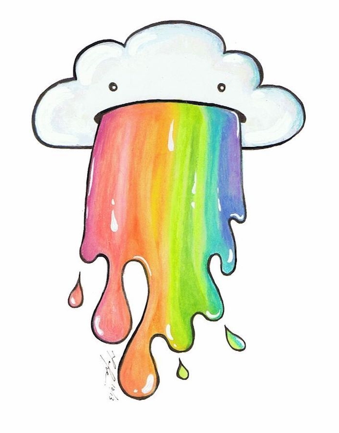 dessin kawaii d un nuage et arc en ciel, quelles couleurs en dessin kawaii, apprendre a dessiner soi meme