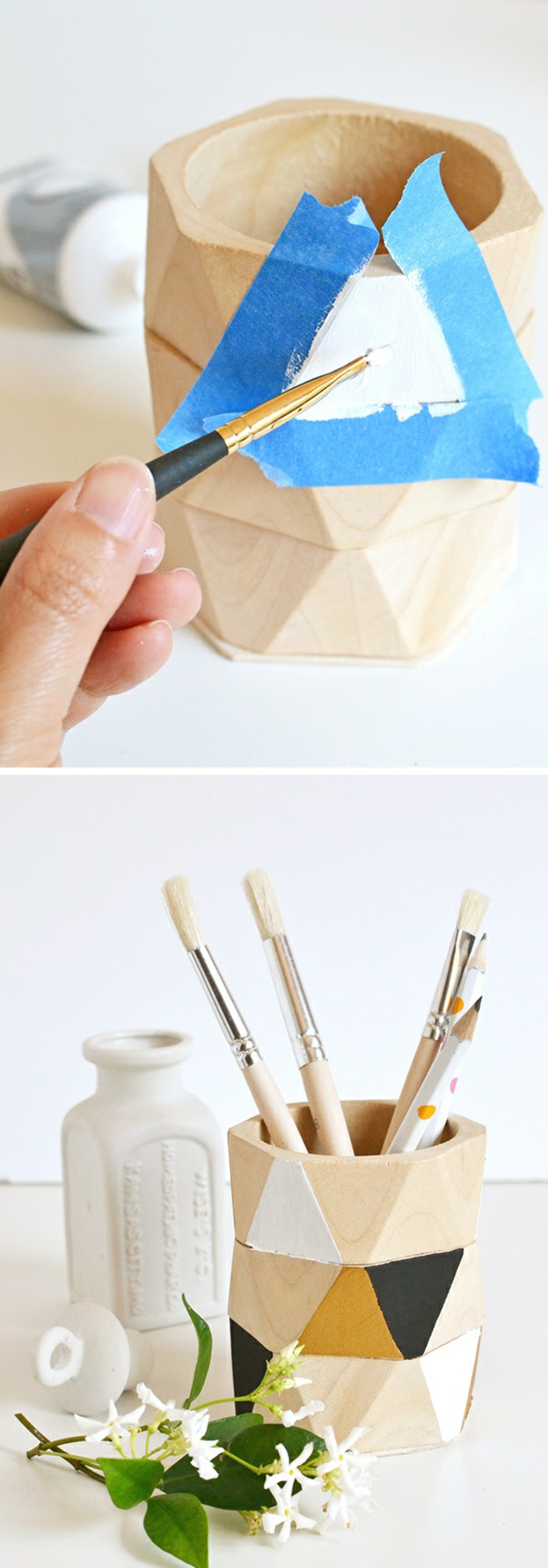 idée cadeau bricolage, modèle de pot à crayon en bois, comment faire un accessoire bureau avec bracelets en bois
