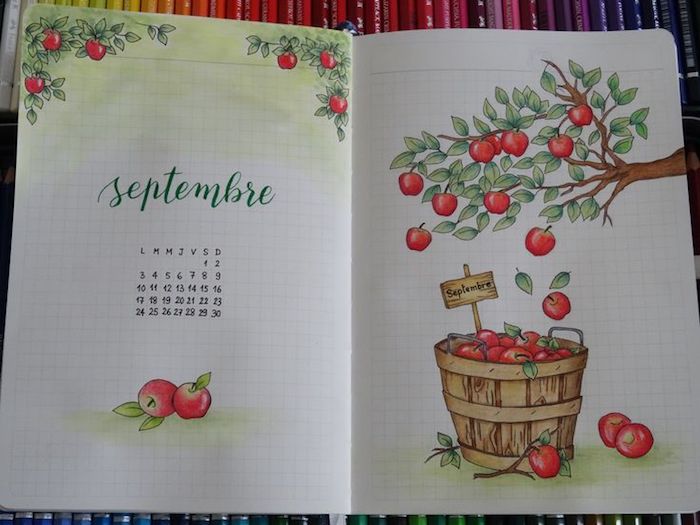 Dessiner septembre avec les pommes rouges, page de journal, dessin feuille d'arbre, automne dessin nostalgie 