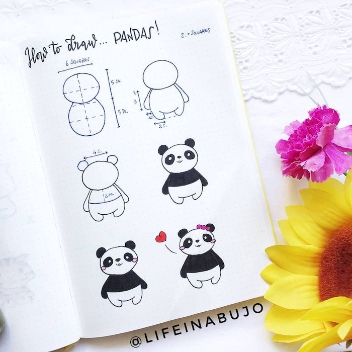 dessiner un panda etape par etape, dessin corps panda a partir de deux cercles, idee dessin bullet journal facile