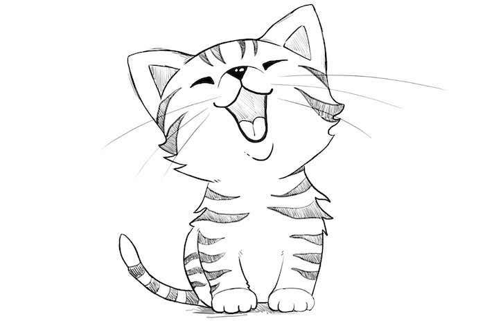 dessin facile et mignon a reproduire d un chaton mignon en train de rire, dessin style japonais kawaii original
