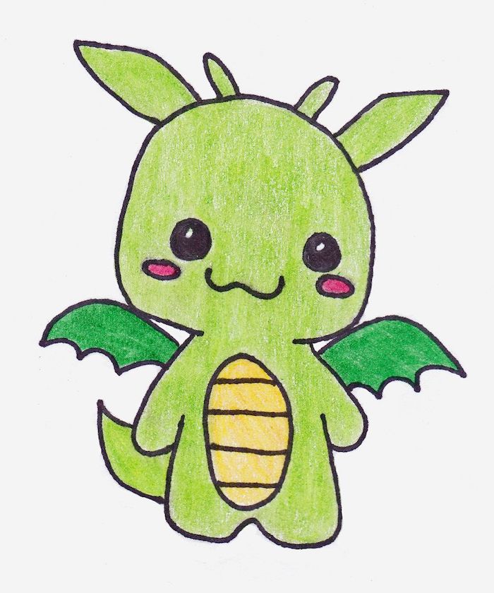 dessin mignon de dragon bébé coloré en vert avec ventre jaune et des ailes vert foncé, des yeux noirs et joues roses