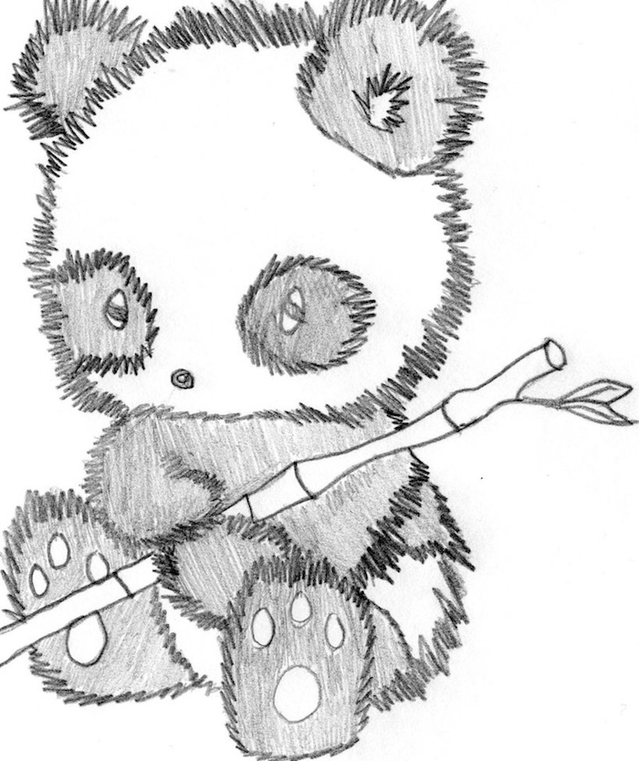 dessin de panda noir et blanc, ourson panda avec bambou dans les mains, apprendre a dessiner par dessins simples